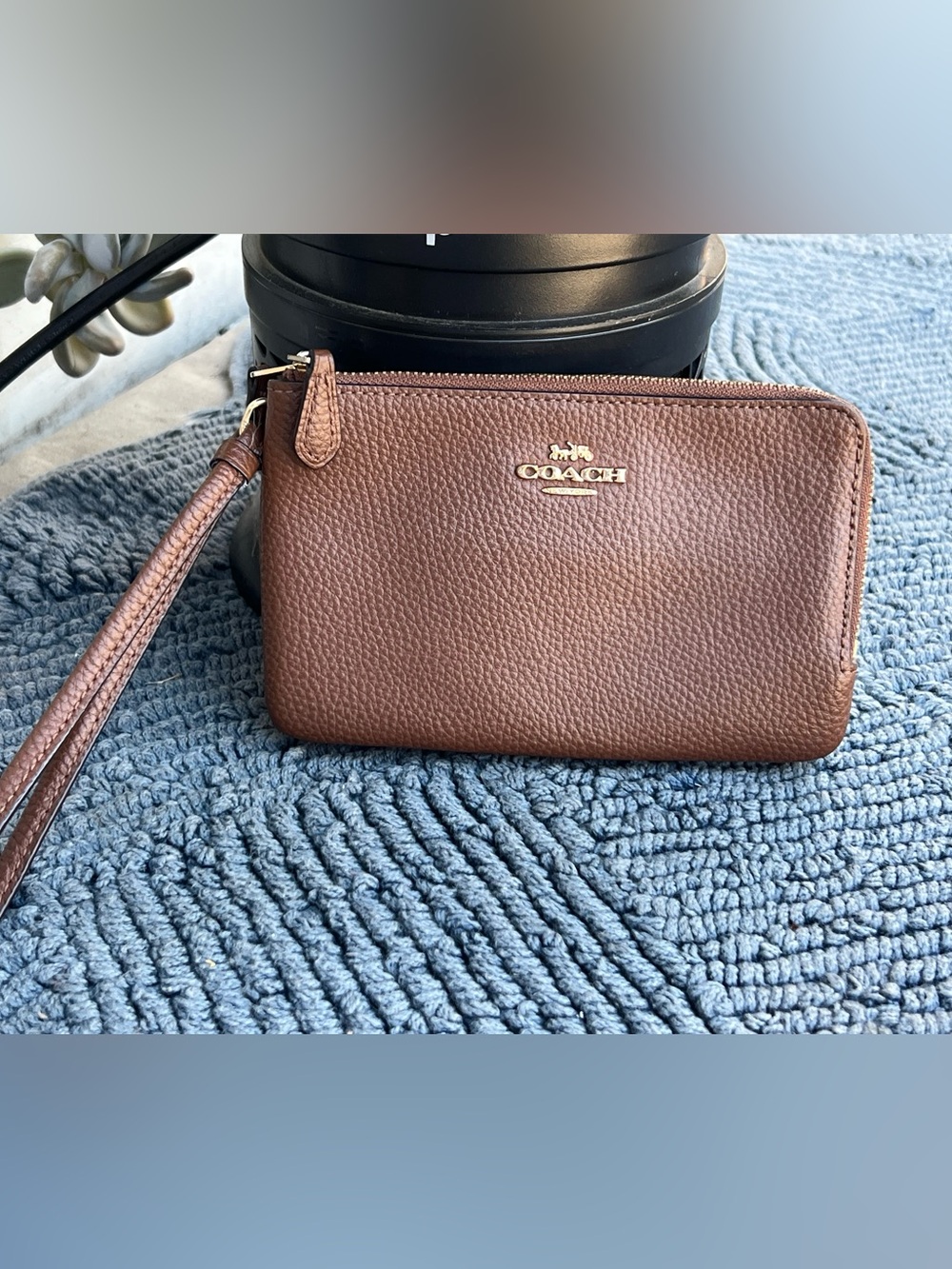Coach Brown Pebbled Leather Wristlet with Gold Logo